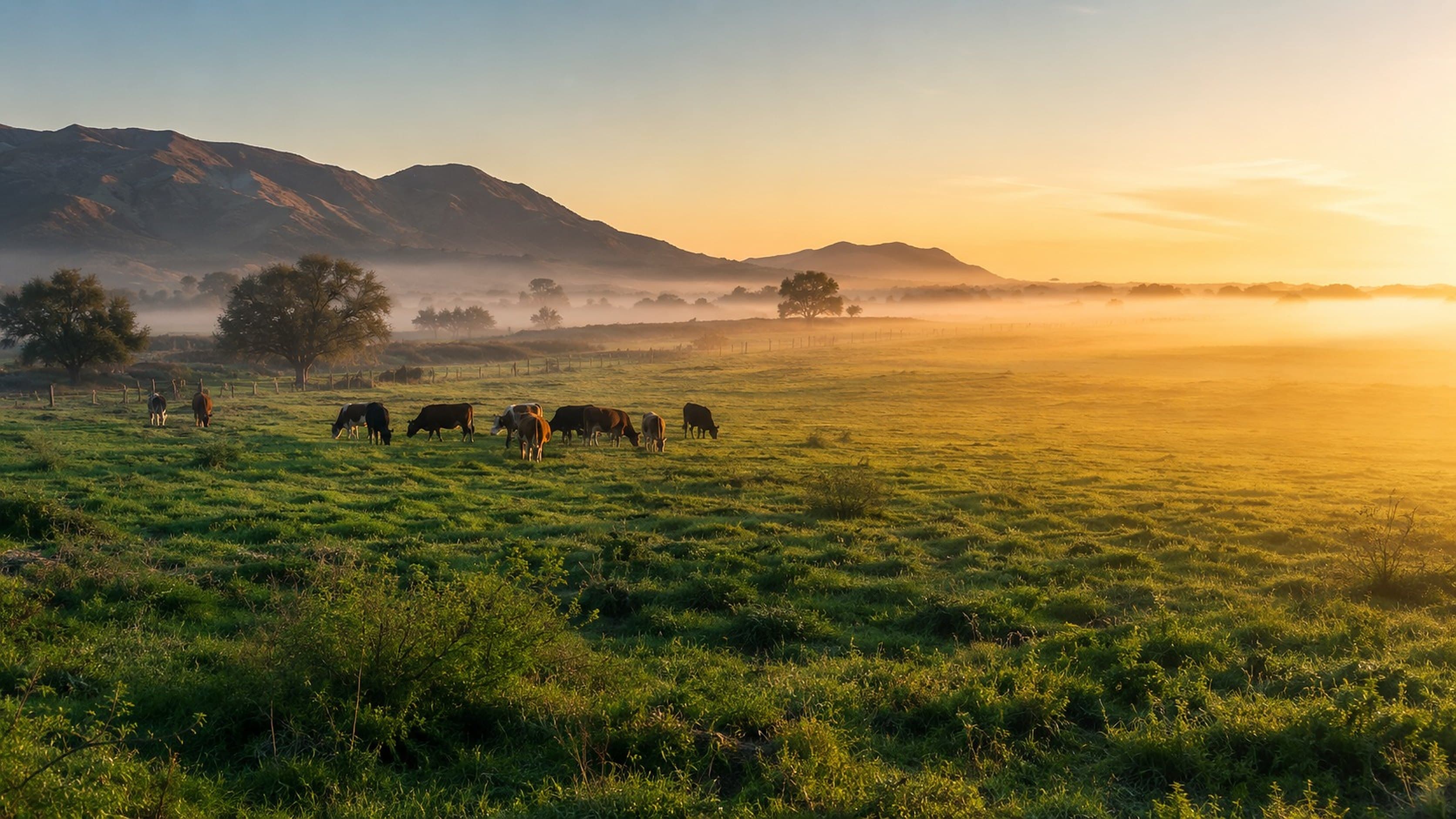 Ganado pastando en el campo al amanecer, con niebla y montañas al fondo
